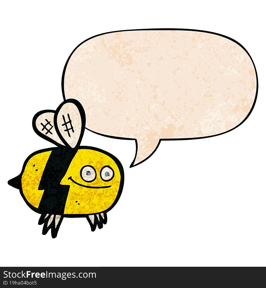 cartoon bee with speech bubble in retro texture style