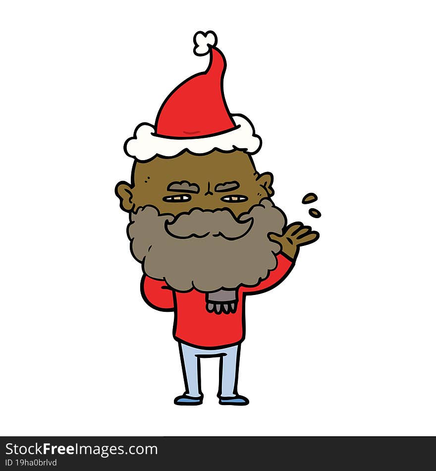 Line Drawing Of A Dismissive Man With Beard Frowning Wearing Santa Hat