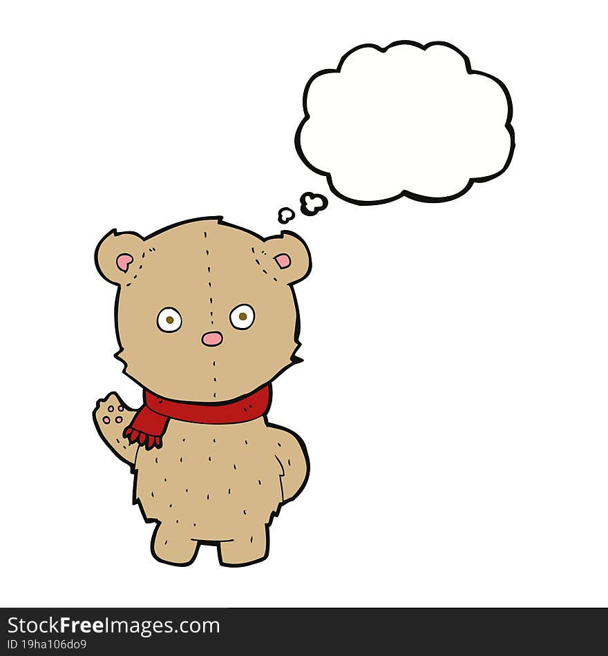 cartoon teddy bear wearing scarf with thought bubble