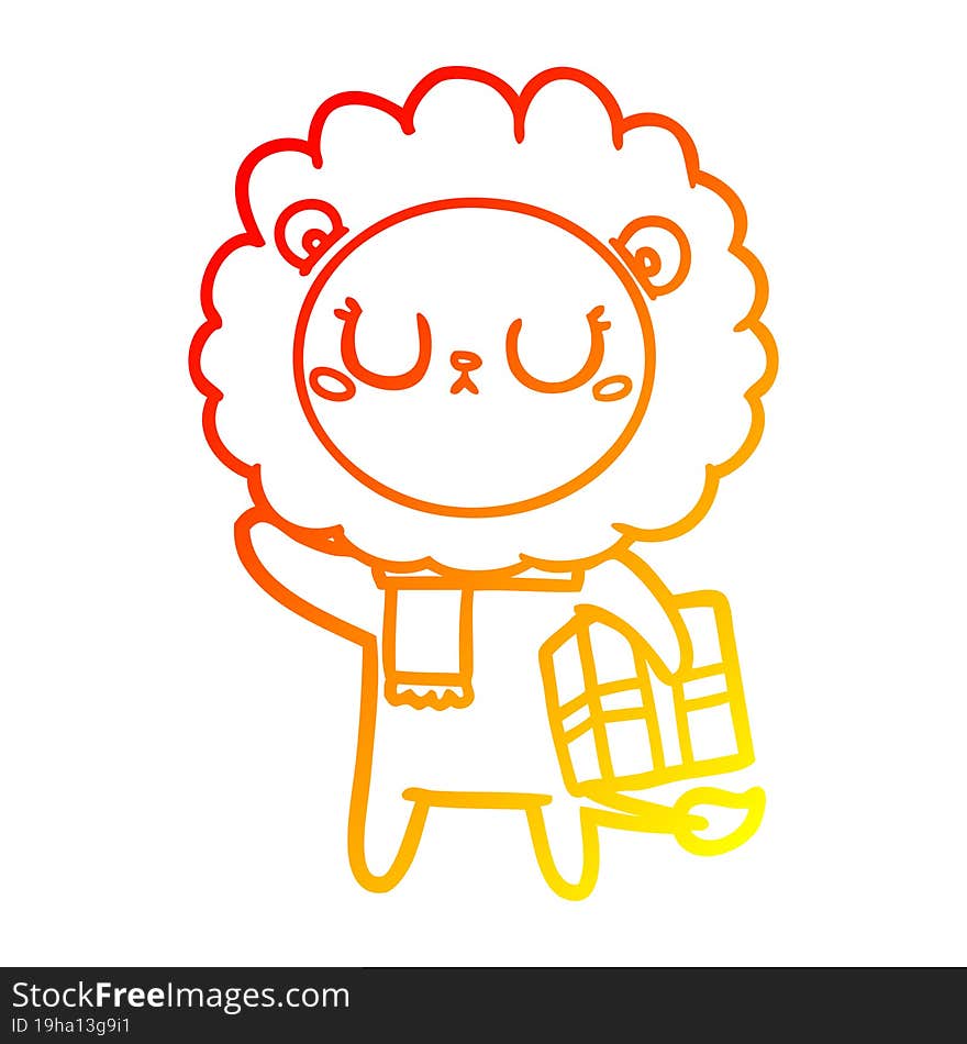 warm gradient line drawing cartoon lion with christmas present