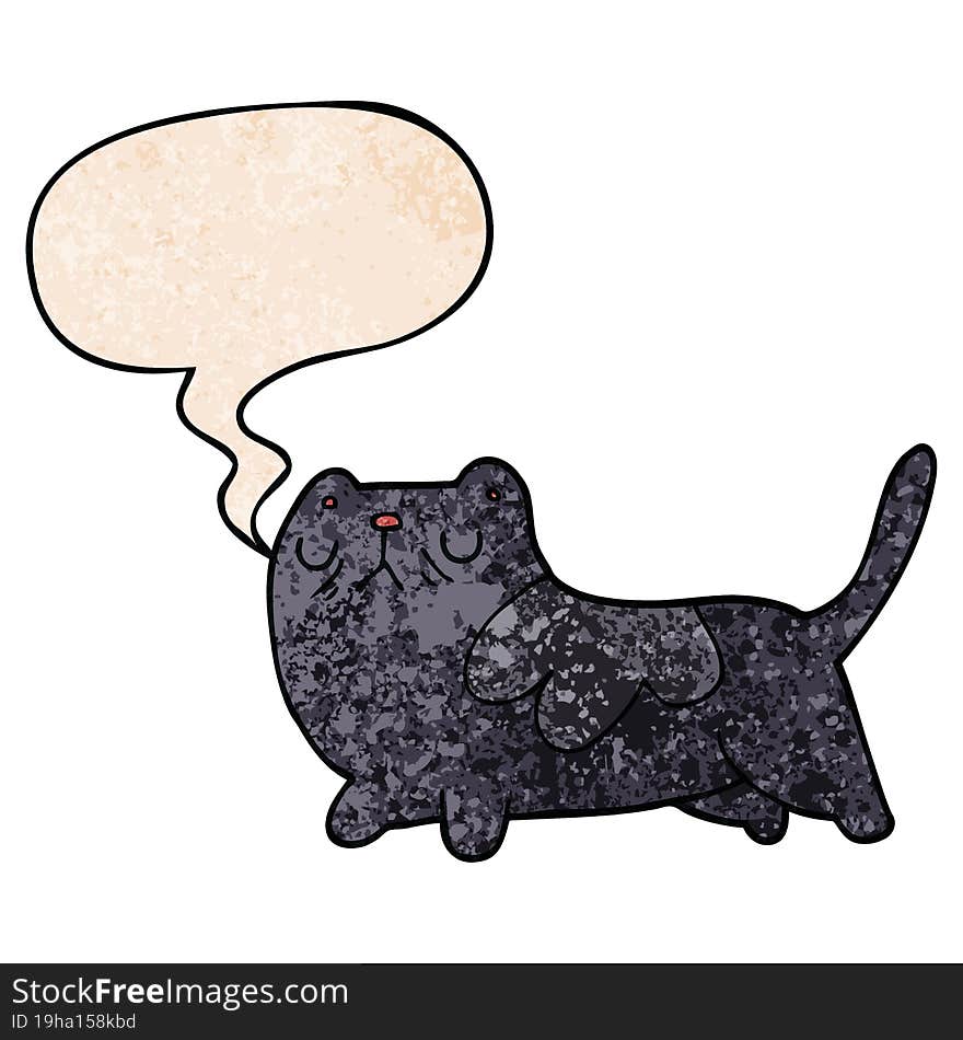 cartoon cat and speech bubble in retro texture style