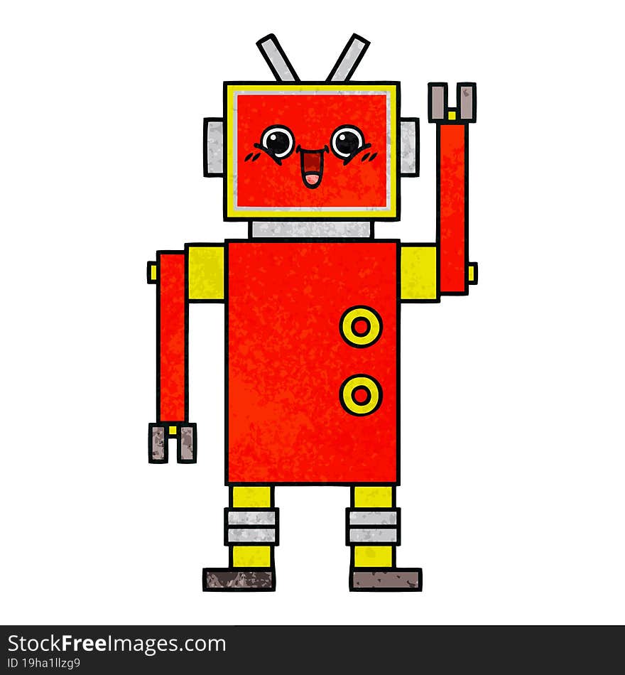 Retro Grunge Texture Cartoon Happy Robot