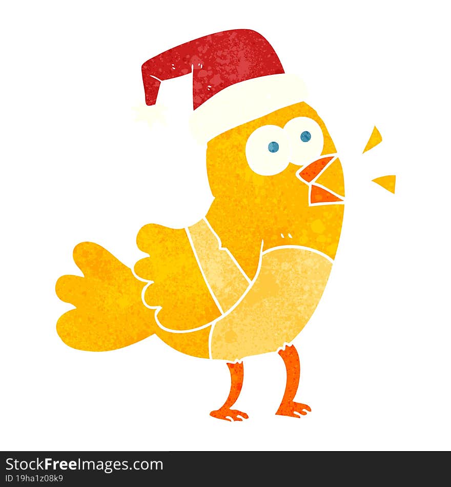 retro cartoon bird wearing christmas hat