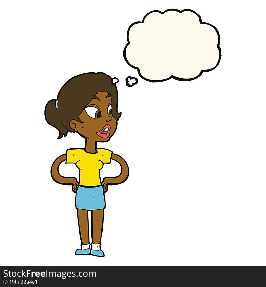 cartoon woman with hands on hips with thought bubble