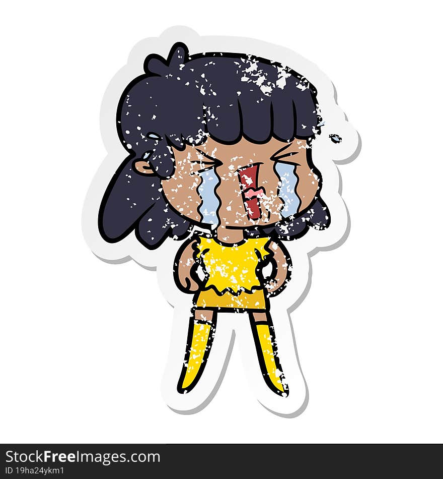 distressed sticker of a cartoon woman crying