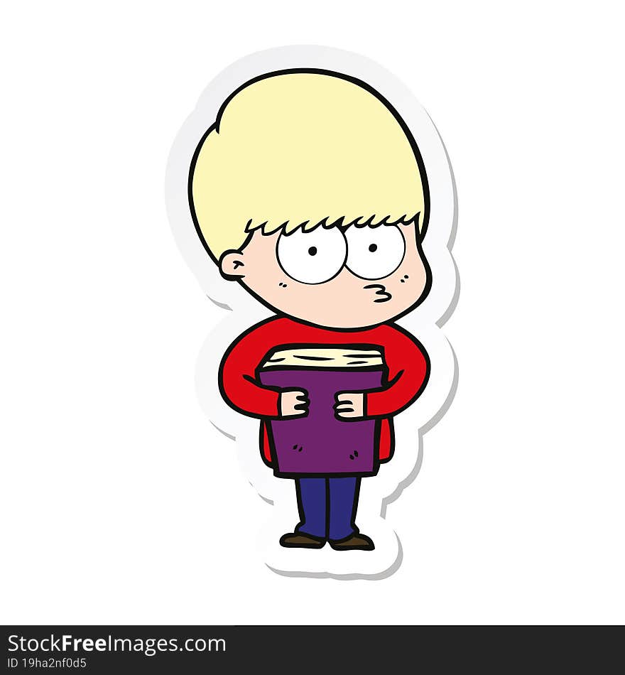 Sticker Of A Nervous Cartoon Boy Holding Book