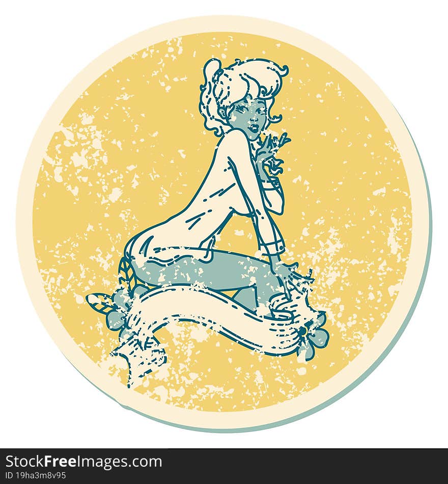 Distressed Sticker Tattoo Style Icon Of A Pinup Girl Wearing A Shirt With Banner