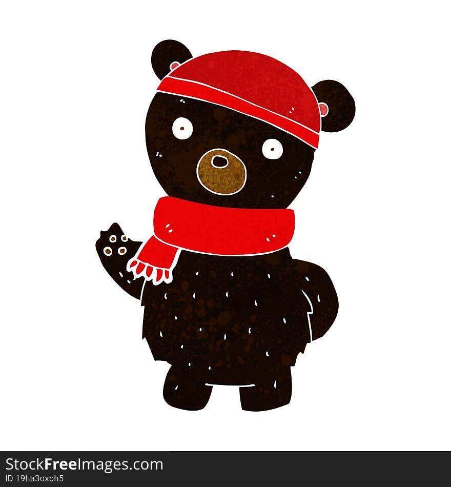 cartoon black bear in winter hat and scarf