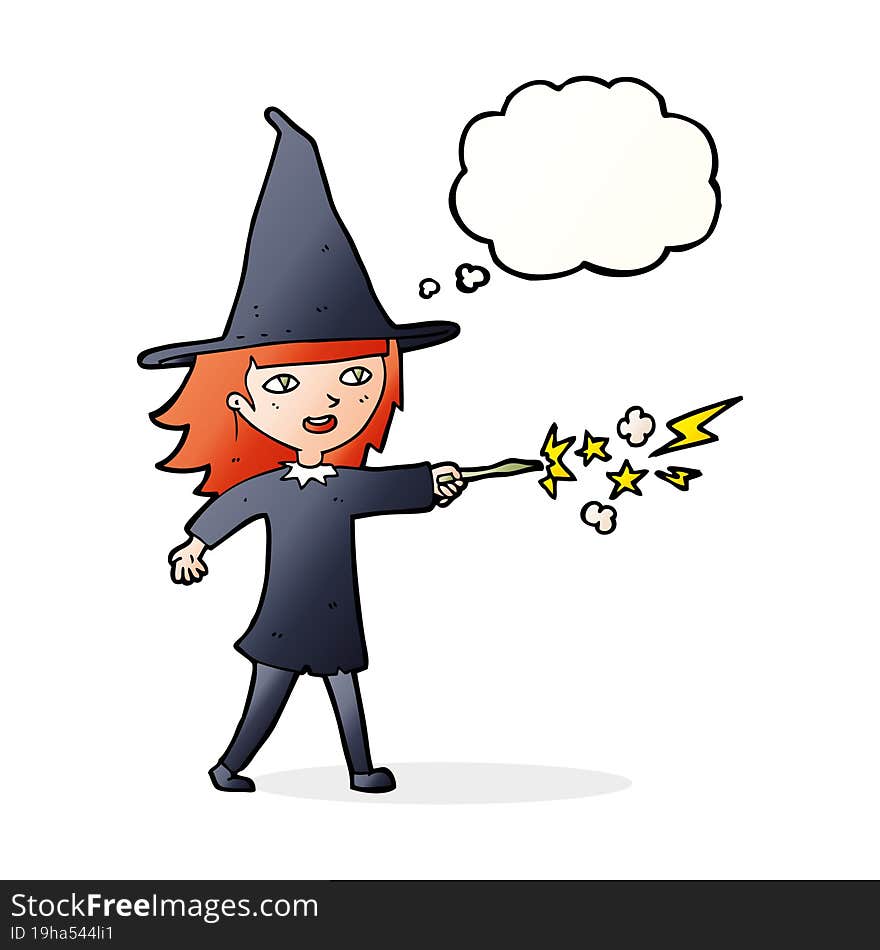 cartoon witch girl casting spell with thought bubble