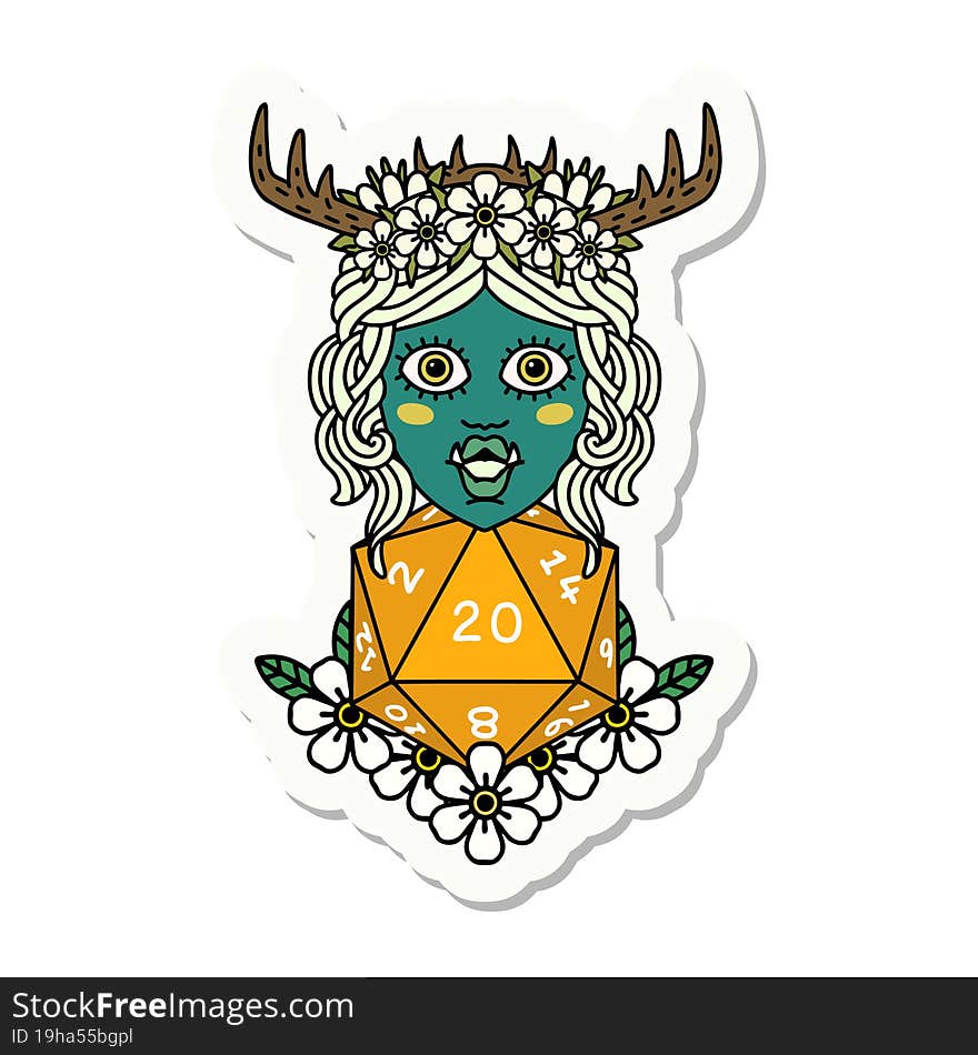 sticker of a half orc druid with natural twenty dice roll. sticker of a half orc druid with natural twenty dice roll