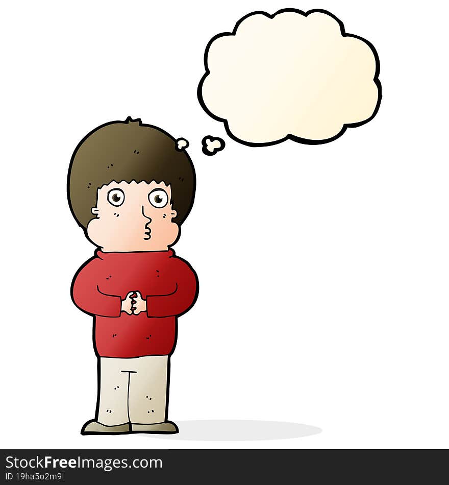 cartoon shy boy with thought bubble