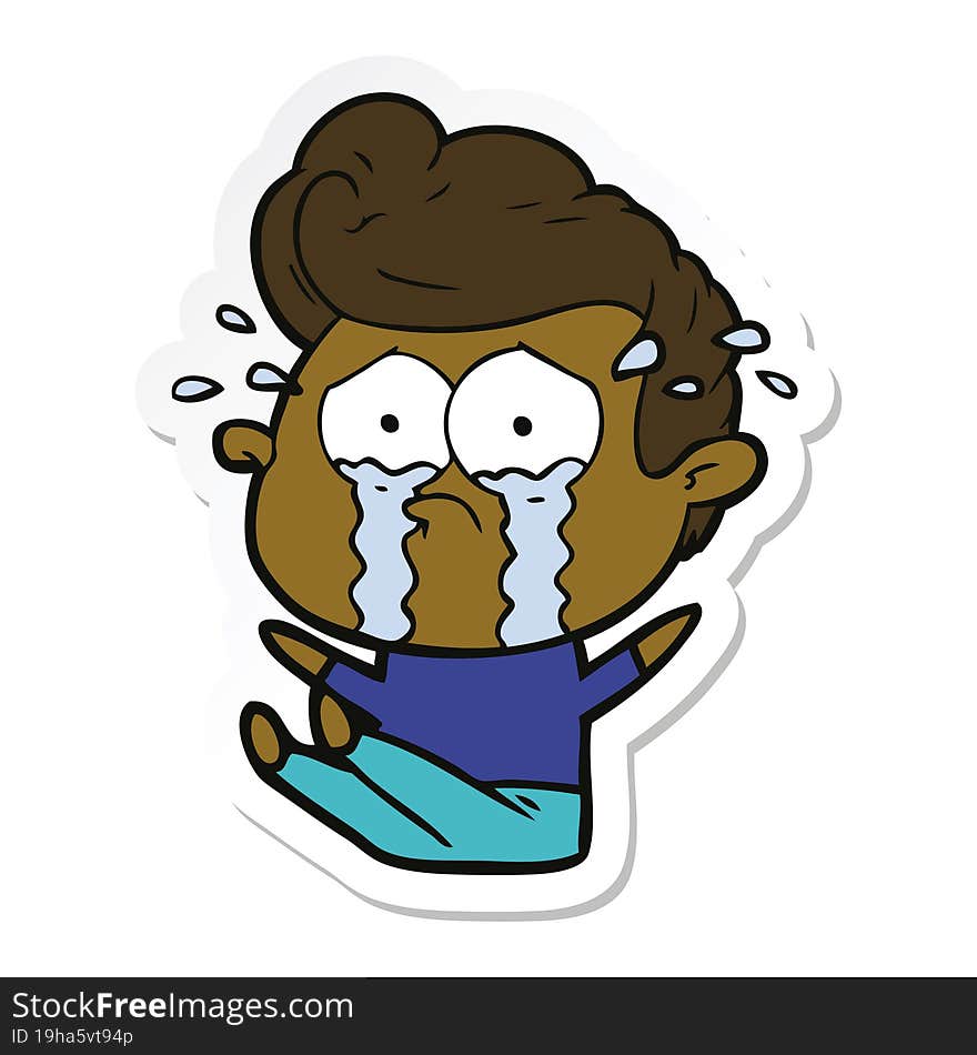 sticker of a cartoon crying man sat on floor