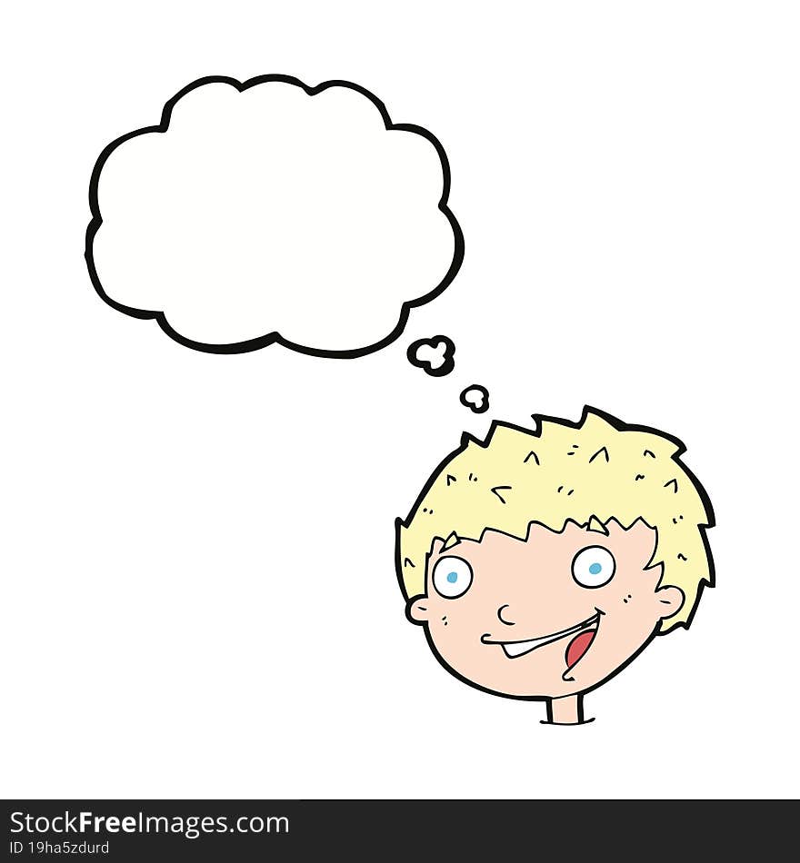 cartoon laughing boy with thought bubble