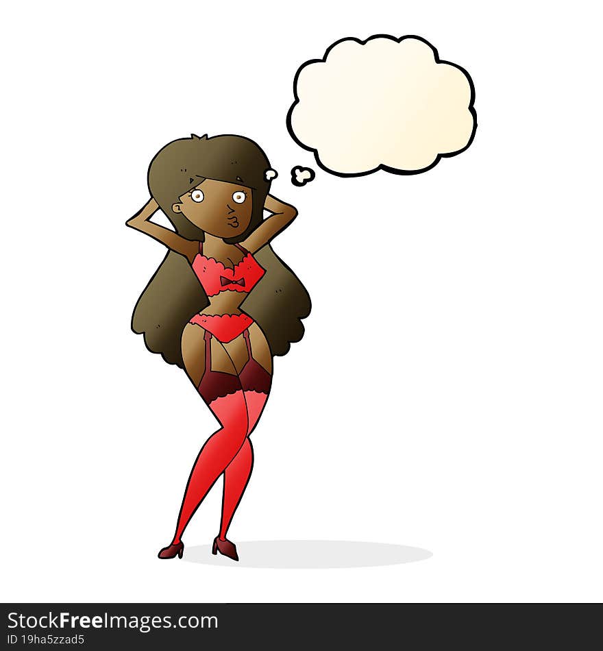 cartoon woman in lingerie with thought bubble