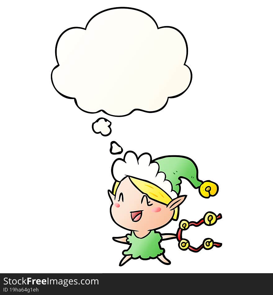 cartoon happy christmas elf and thought bubble in smooth gradient style