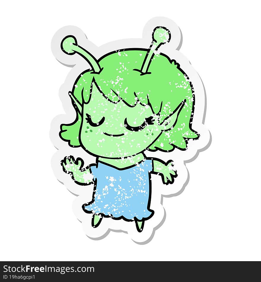 Distressed Sticker Of A Smiling Alien Girl Cartoon