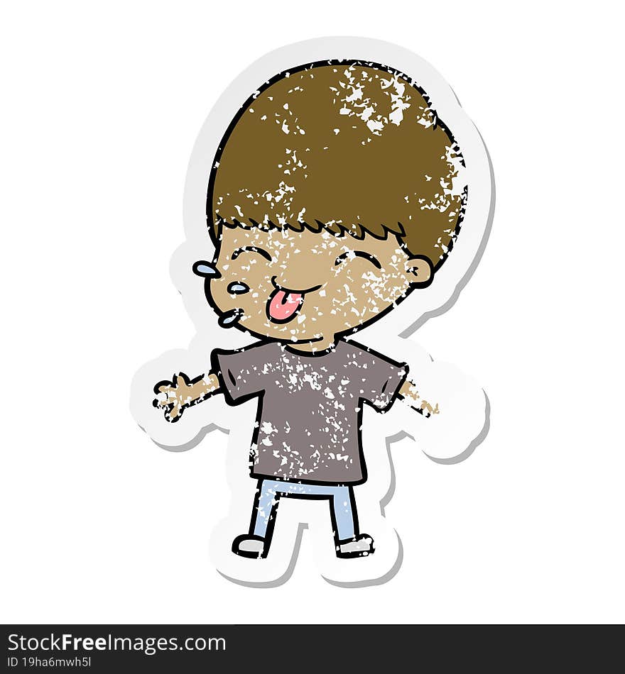 distressed sticker of a cartoon boy sticking out tongue