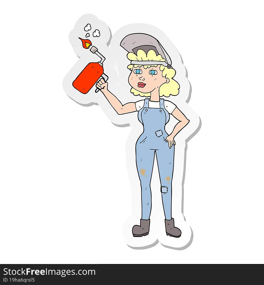 Sticker Of A Cartoon Woman Welding