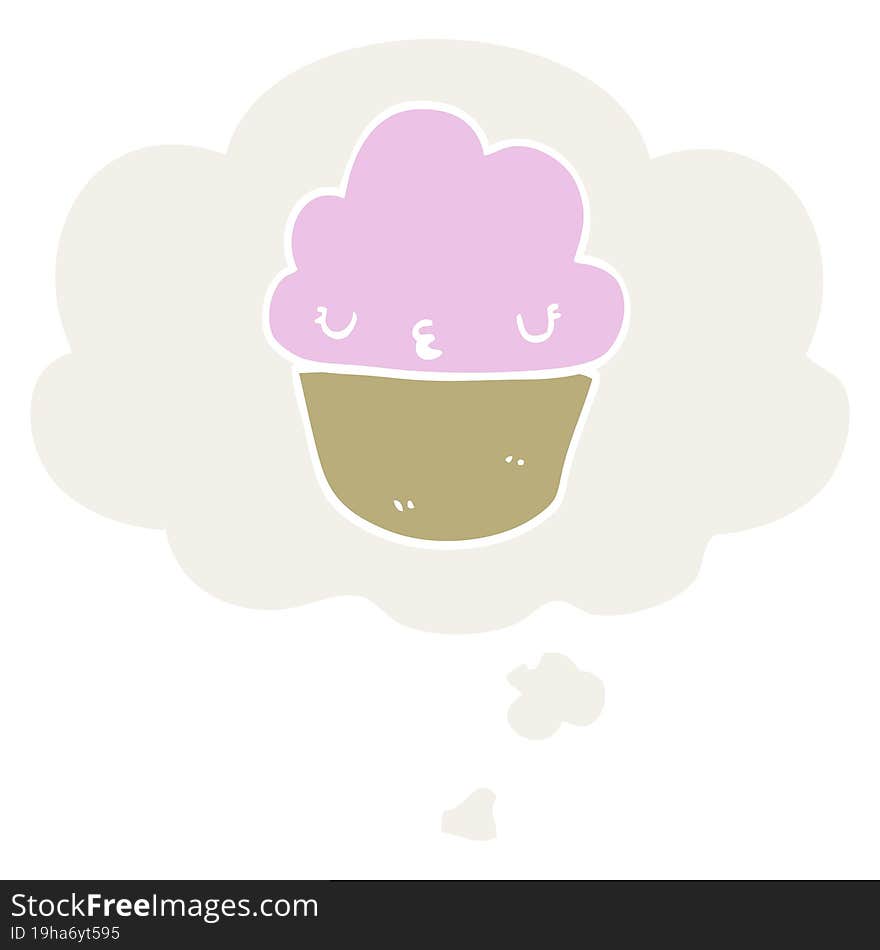 cartoon cupcake with face with thought bubble in retro style