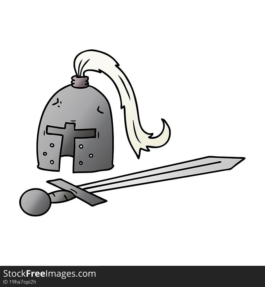 gradient cartoon doodle of a medieval helmet and sword