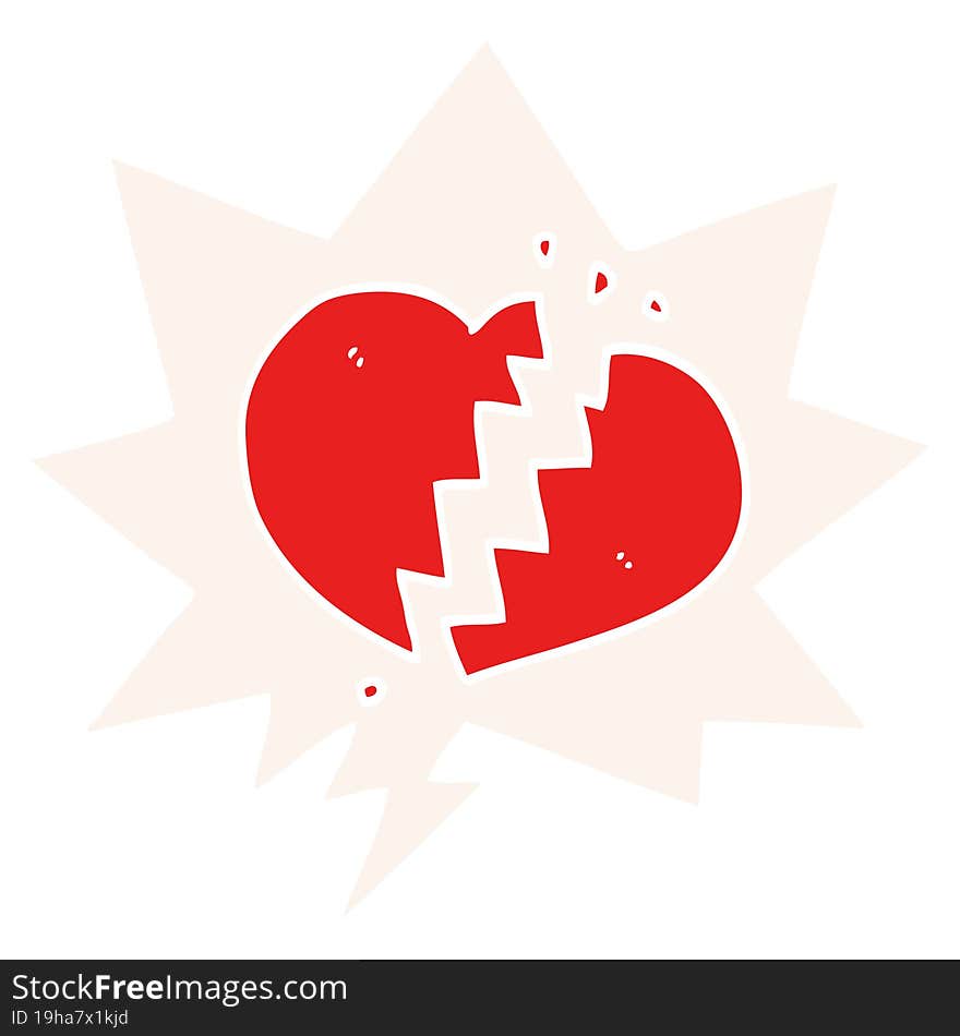 cartoon broken heart with speech bubble in retro style