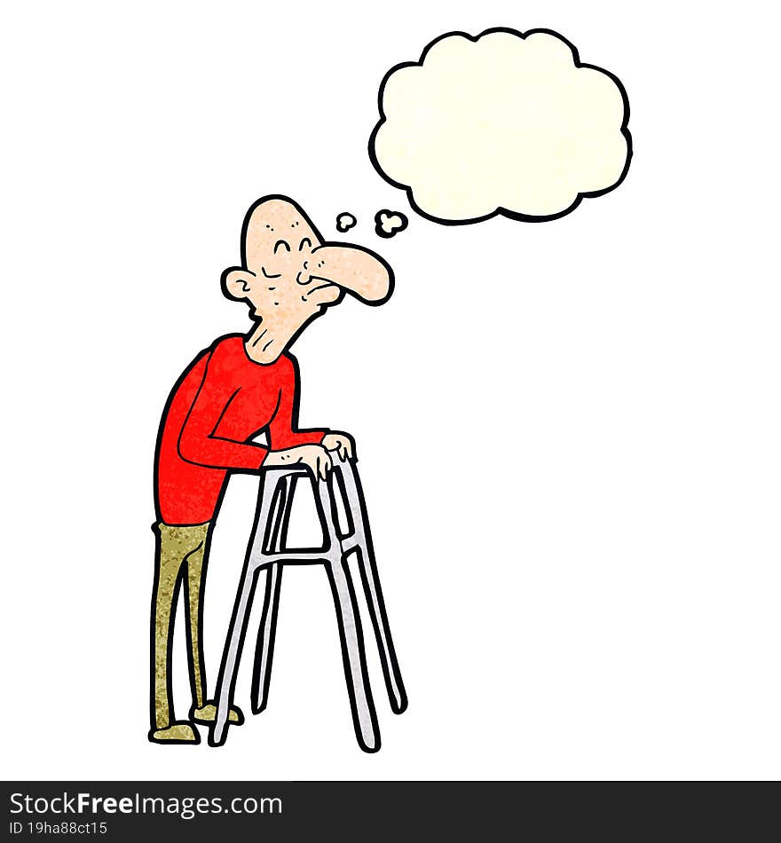 cartoon old man with walking frame with thought bubble