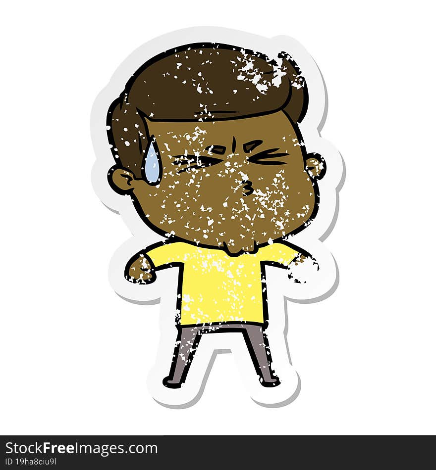 Distressed Sticker Of A Cartoon Man Sweating