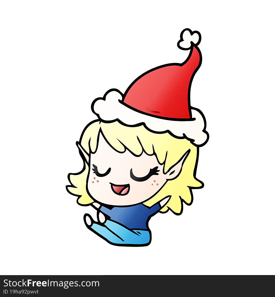 happy gradient cartoon of a elf girl sitting wearing santa hat