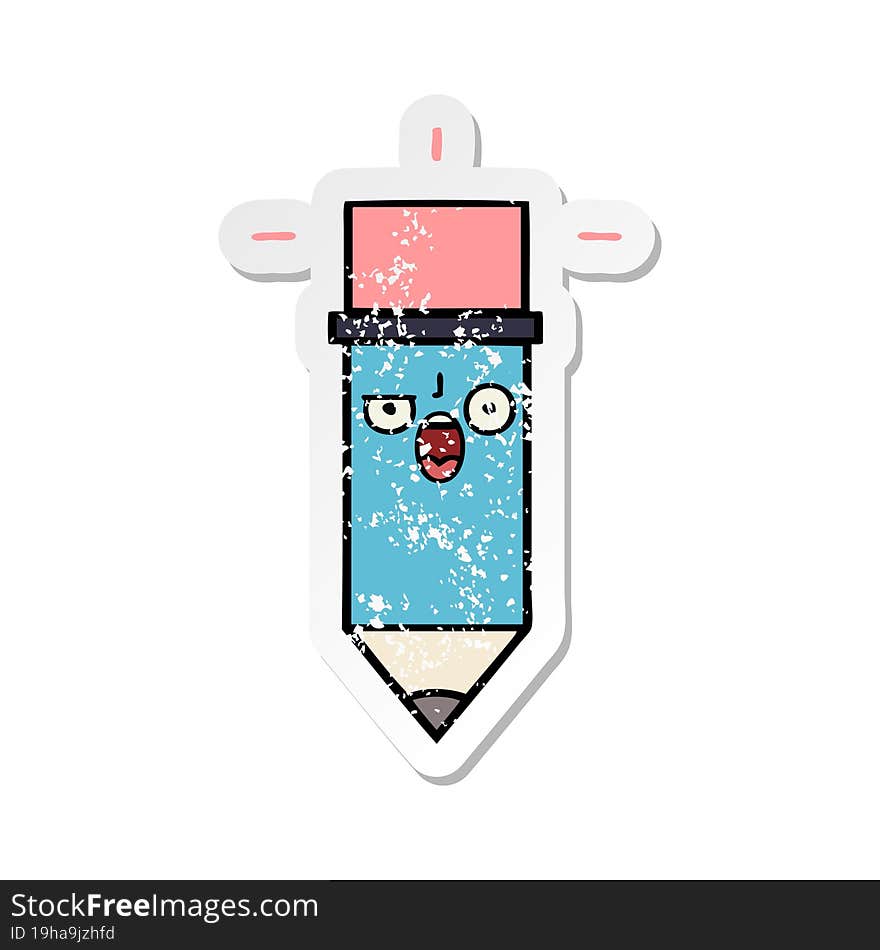 distressed sticker of a cute cartoon pencil