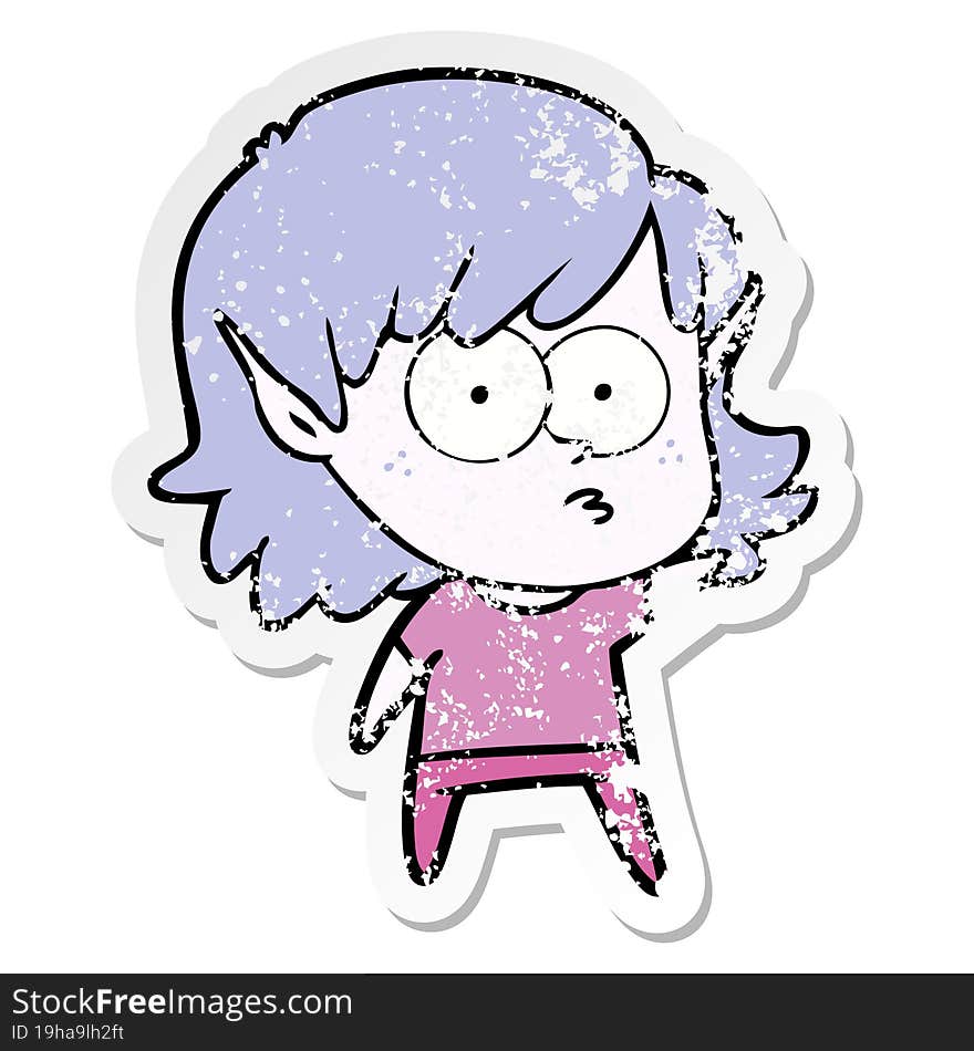 distressed sticker of a cartoon elf girl staring