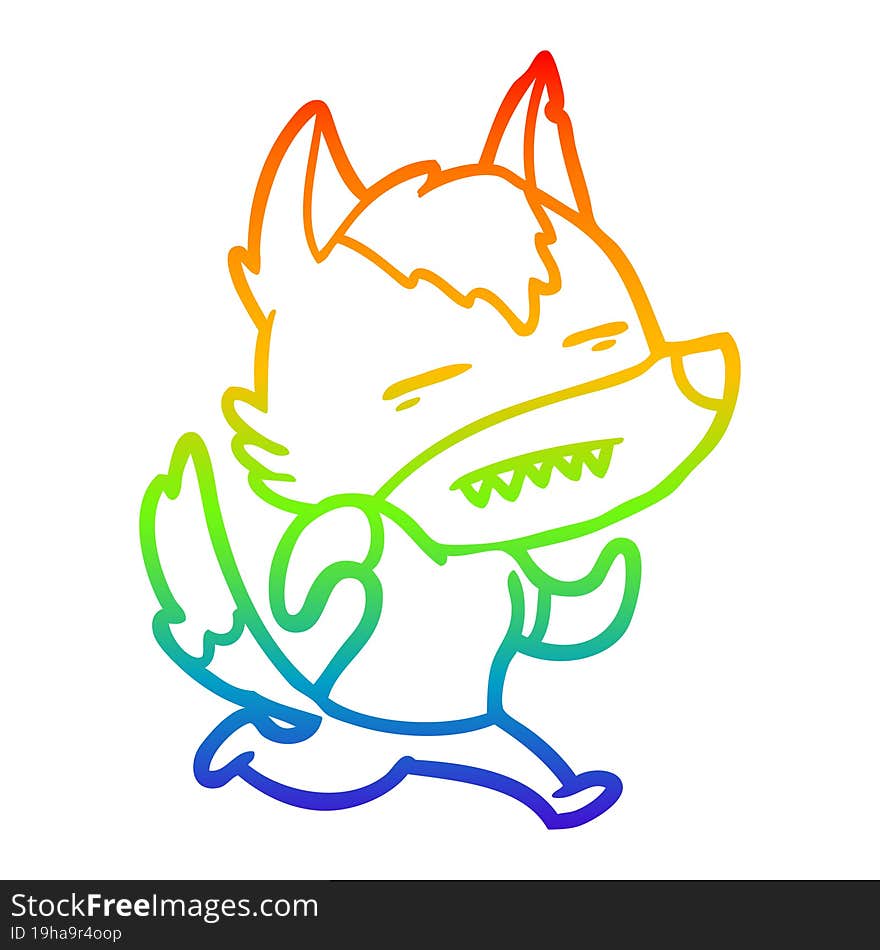 rainbow gradient line drawing of a cartoon wolf showing teeth