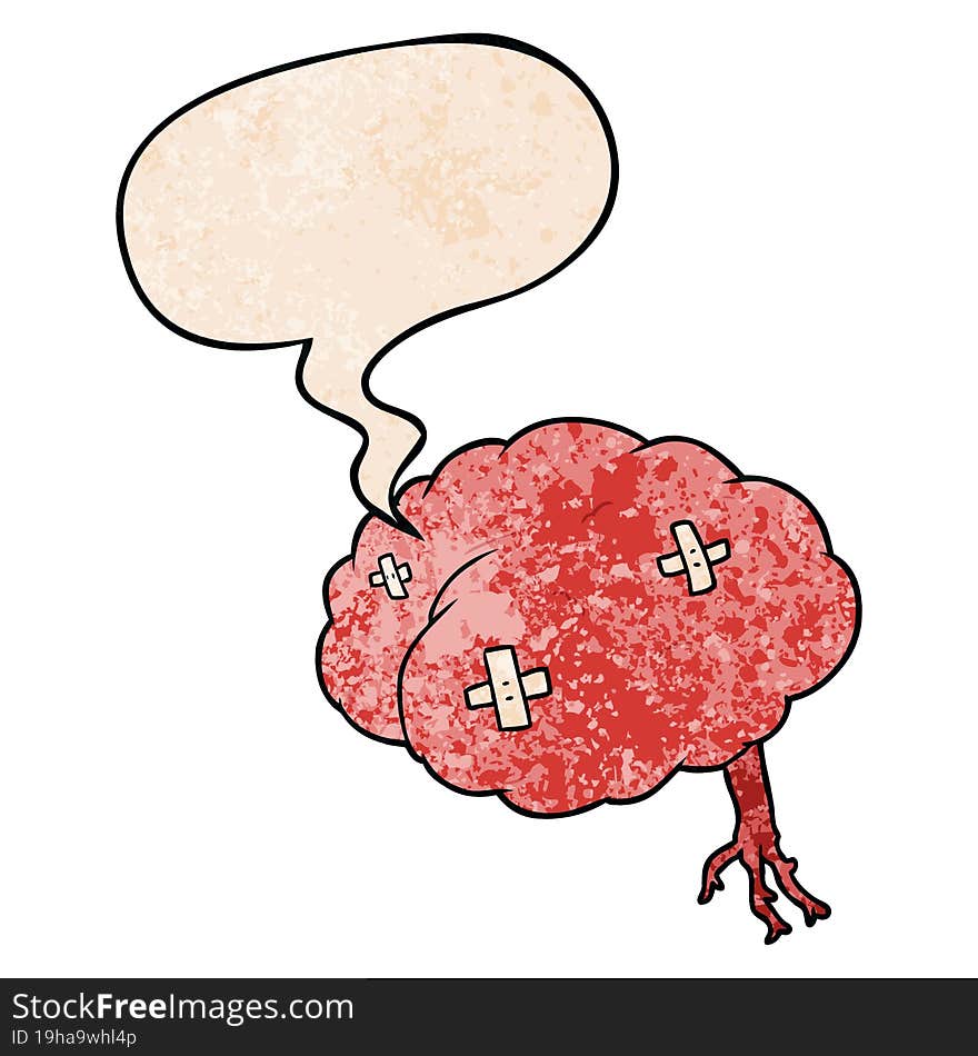 cartoon injured brain and speech bubble in retro texture style