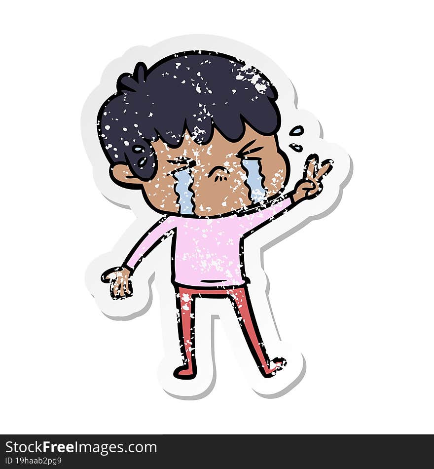 distressed sticker of a cartoon boy crying