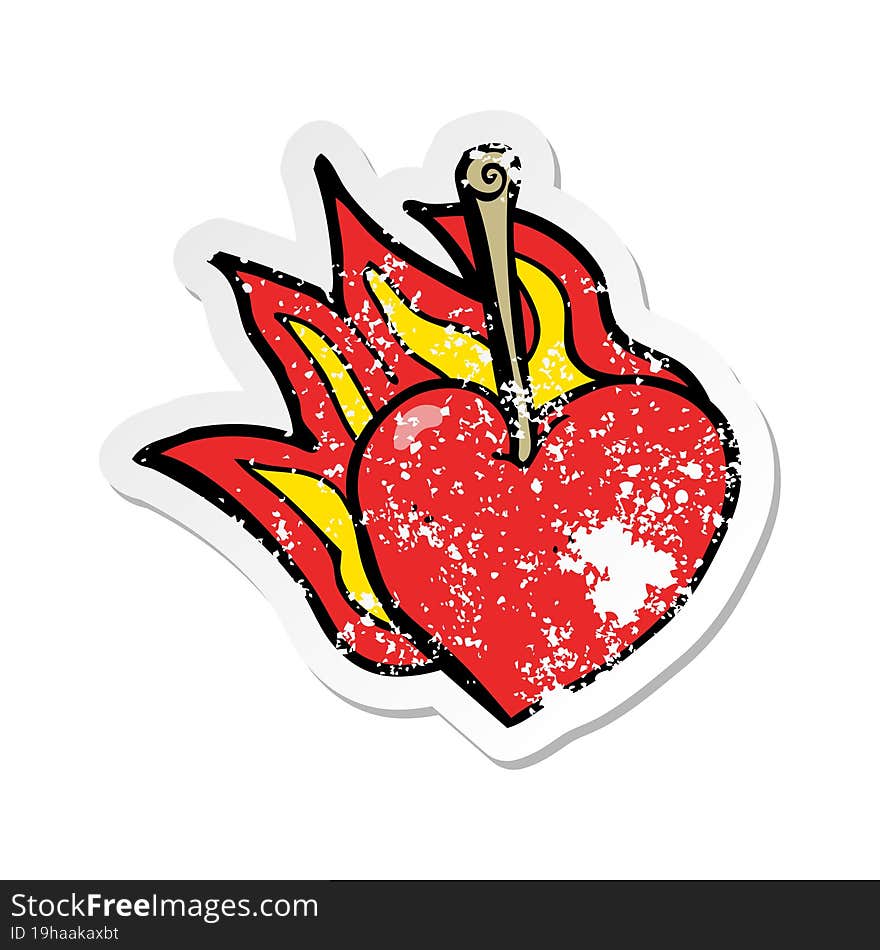 Retro Distressed Sticker Of A Cartoon Flaming Heart Cherry