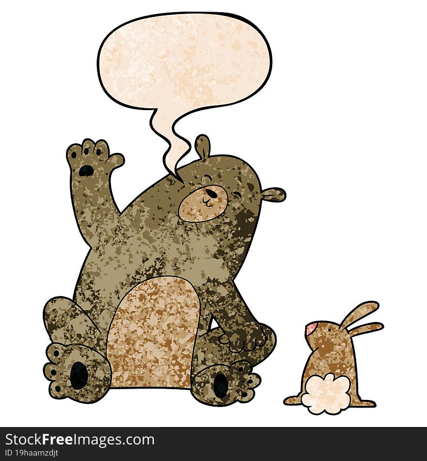 Cartoon Bear And Rabbit Friends And Speech Bubble In Retro Texture Style