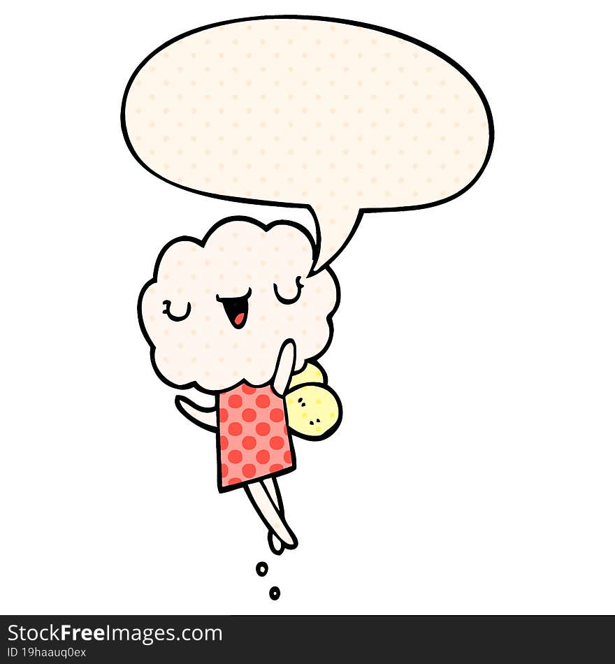 cute cartoon cloud head creature and speech bubble in comic book style