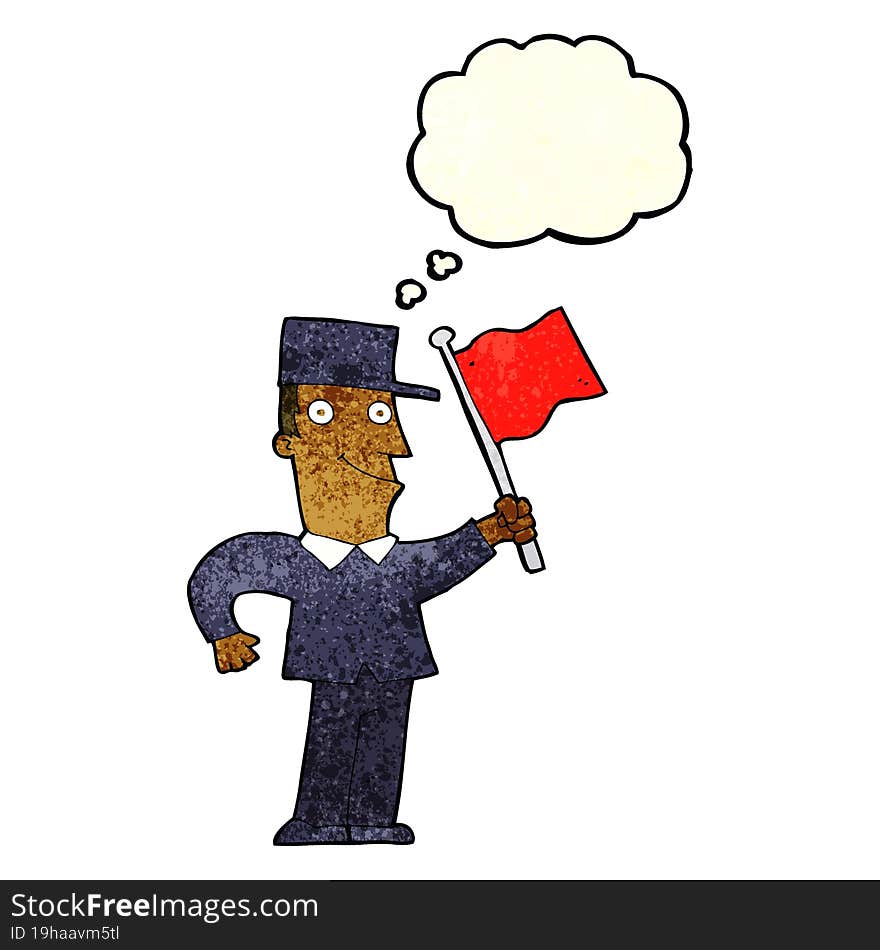 cartoon man waving flag with thought bubble