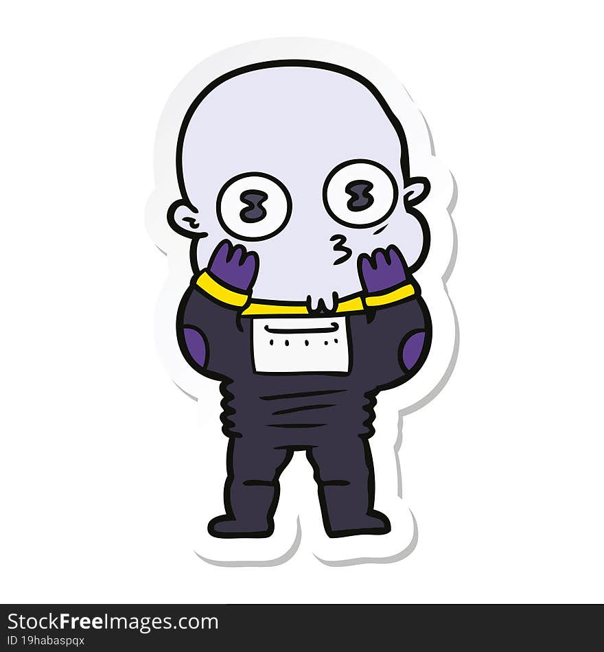 sticker of a cartoon weird bald spaceman