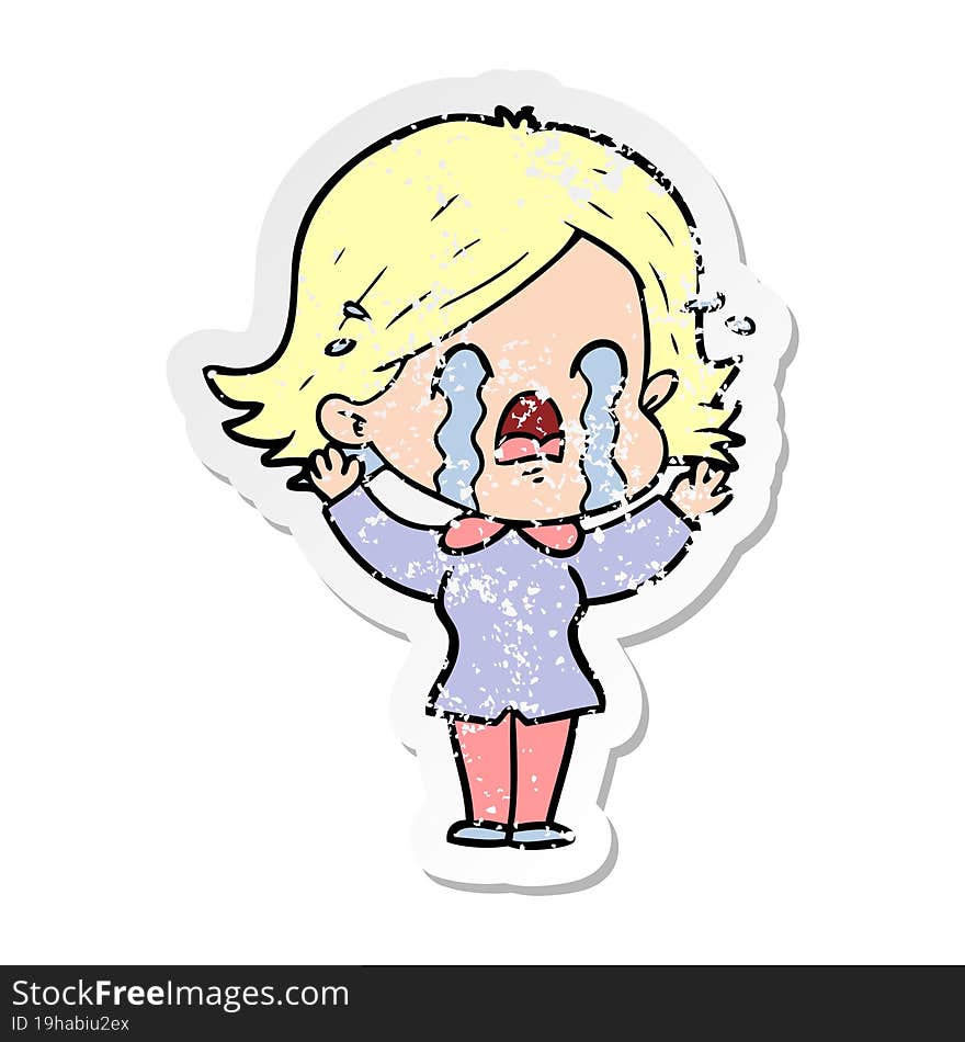 distressed sticker of a cartoon woman crying