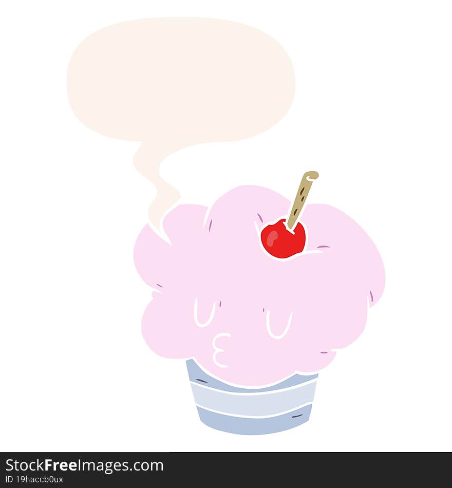 funny cartoon cupcake with speech bubble in retro style