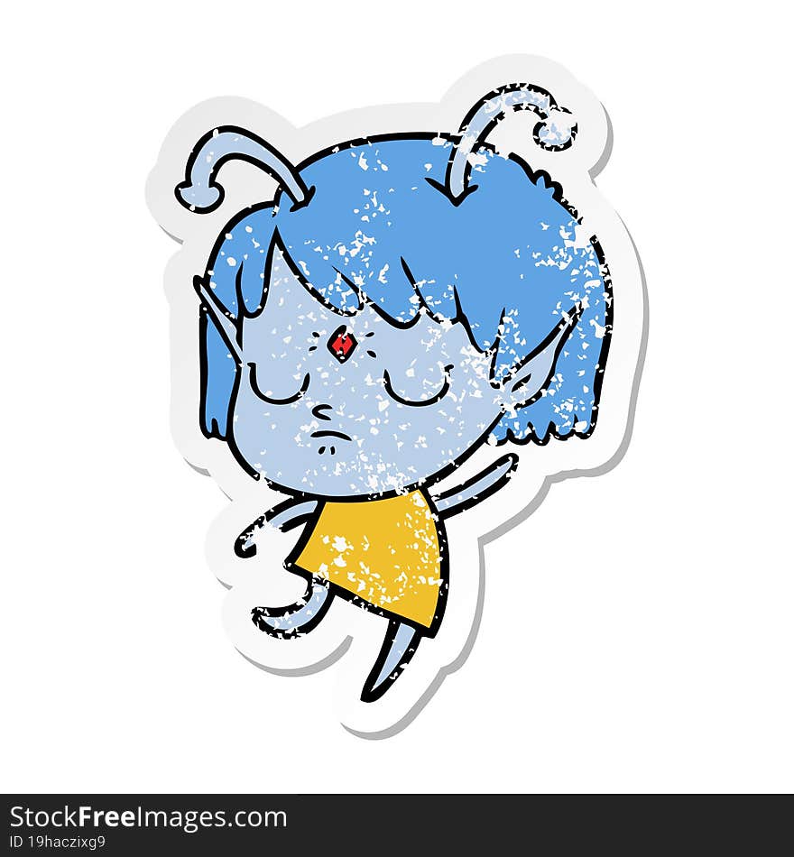 distressed sticker of a cartoon alien girl