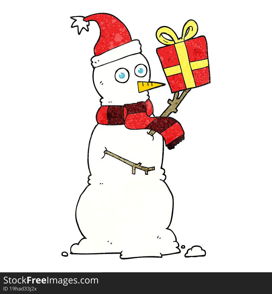 freehand textured cartoon snowman holding present