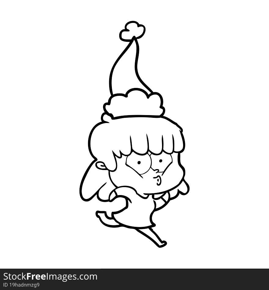 line drawing of a whistling girl wearing santa hat