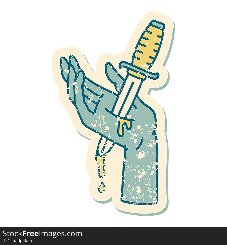 distressed sticker tattoo style icon of a dagger in the hand