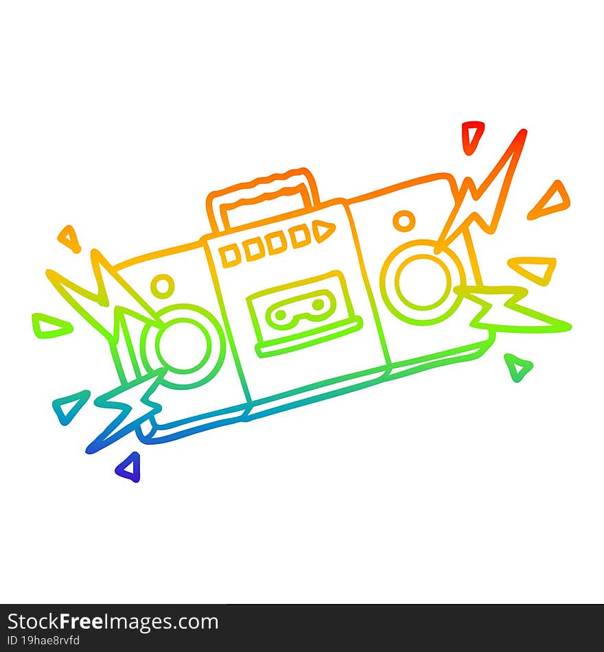 rainbow gradient line drawing of a retro cartoon tape cassette player blasting out old rock tunes