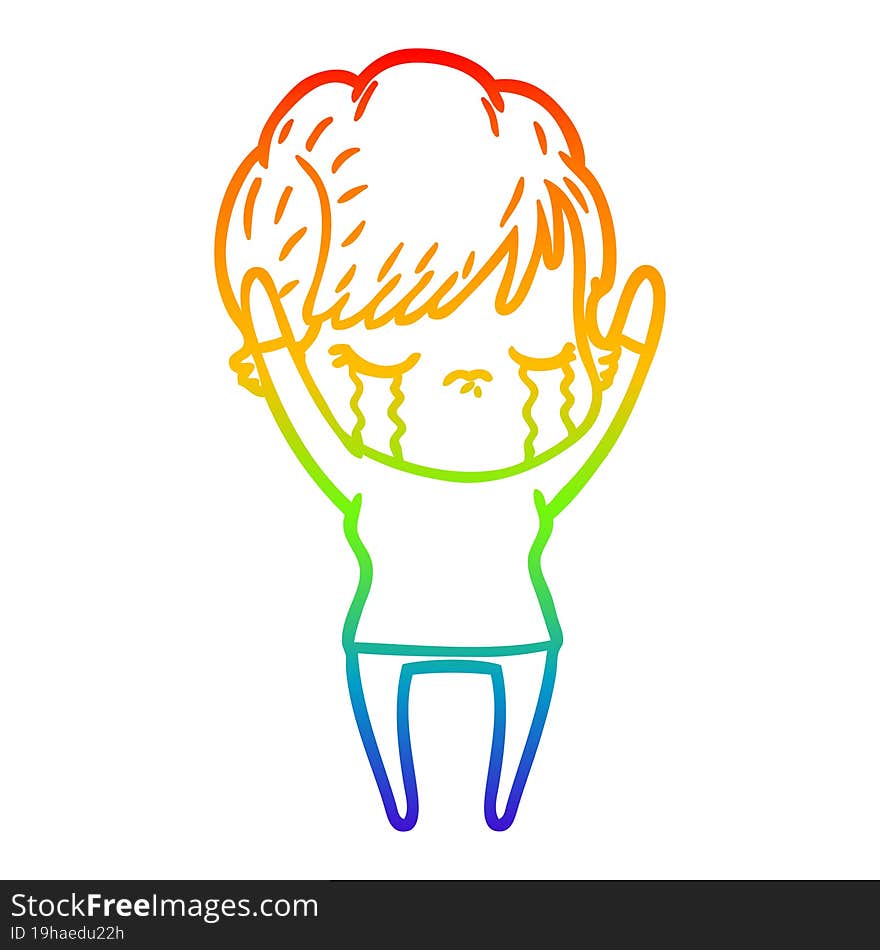 rainbow gradient line drawing of a cartoon woman crying