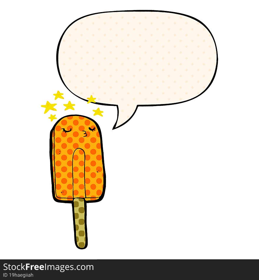 cartoon ice lolly and speech bubble in comic book style