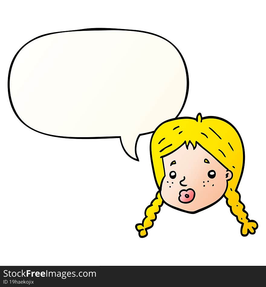 cartoon girls face with speech bubble in smooth gradient style