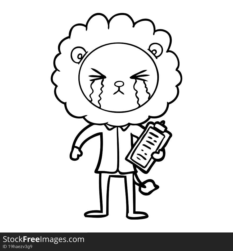 cartoon crying lion with clipboard. cartoon crying lion with clipboard