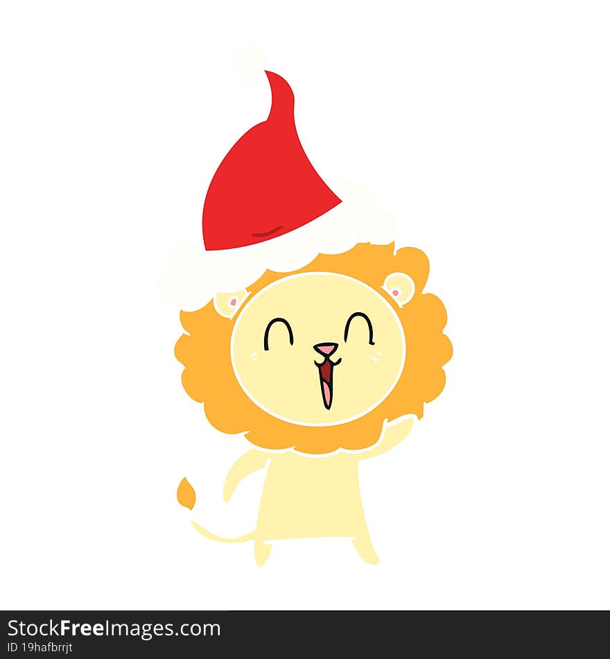 Laughing Lion Flat Color Illustration Of A Wearing Santa Hat